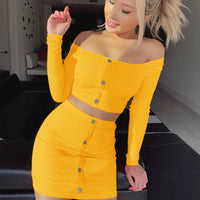 Fashion Trend Woman Sexy Off Shoulder Set Solid Button Bodycon 2 Pcs Sets Women Long Sleeve Top And Skirt Summer Autumn Sets - Krishiva Creation